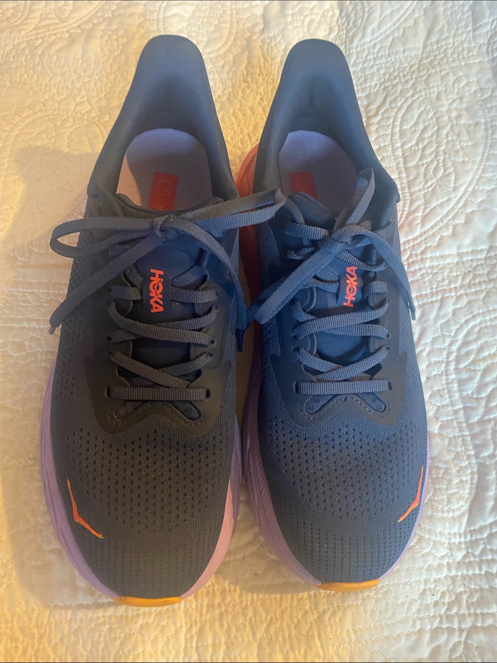 Hoka Men's Navy Blue Running Shoes with Pink and Orange Accents